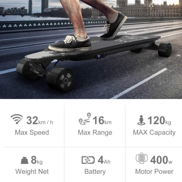 NEOMOTION Skateboard Électrique avec télécommande Planche à 4 Roues avec Batterie Durable, Longboard Moteur Puissant 400W, Design Léoprd Noir – Image 3