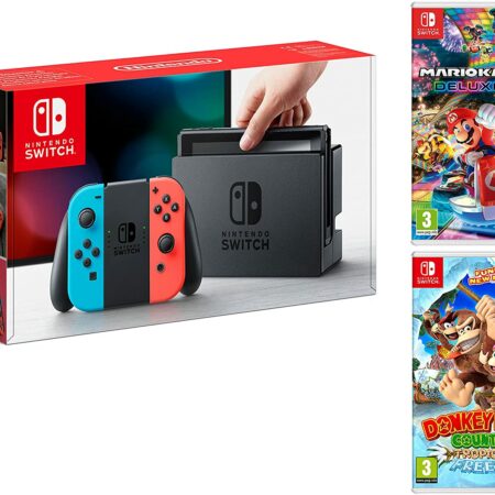 Nintendo Switch Rouge/Bleu Néon 32Go Pack + Mario Kart 8 Deluxe + Donkey Kong: Tropical Freeze